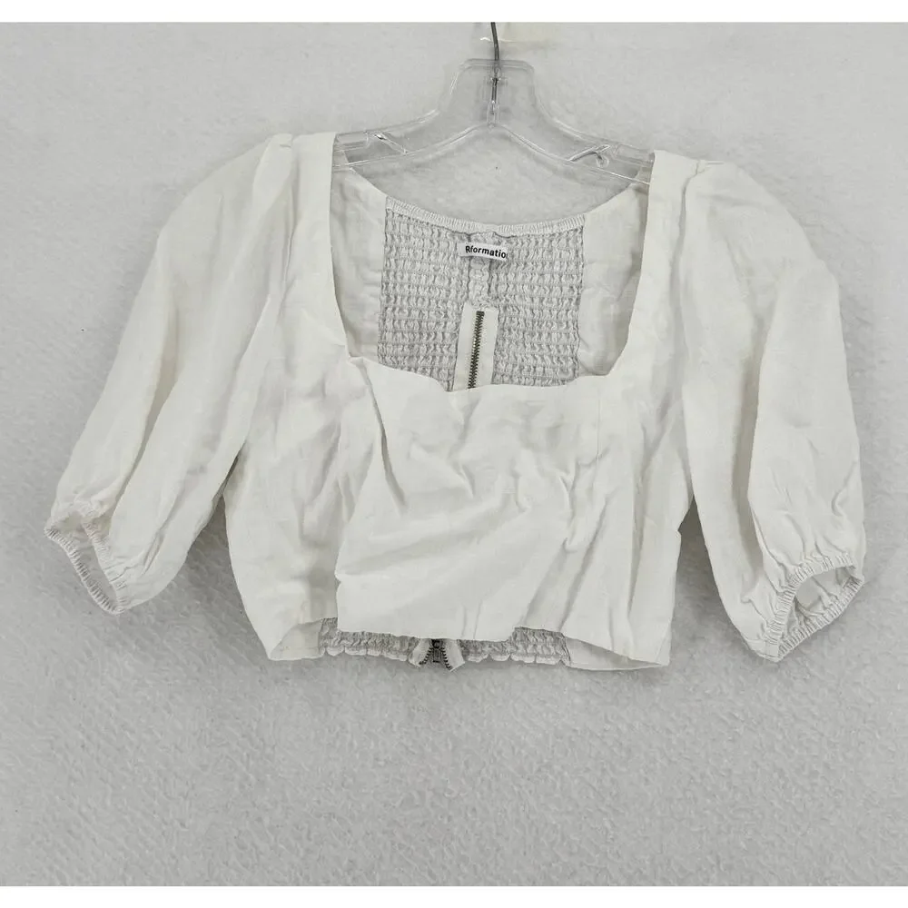 Reformation Womens White 100% Linen Square Neck Puff Sleeve Crop Top Sz 6